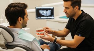 Patient consulting with dentist about dental implant solutions