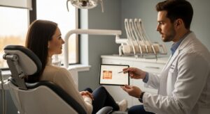 Patient consulting with a dentist about chin and cheek implants
