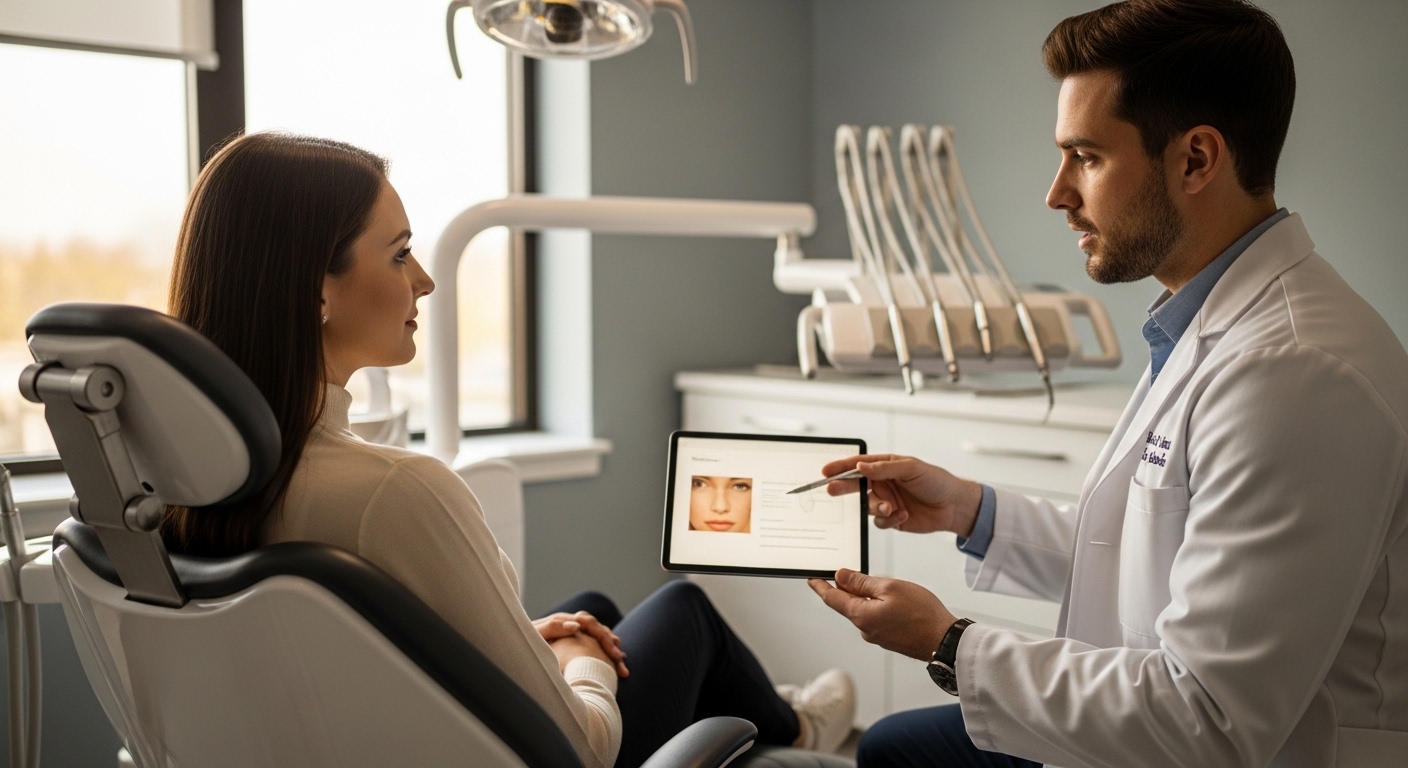 Patient consulting with a dentist about chin and cheek implants