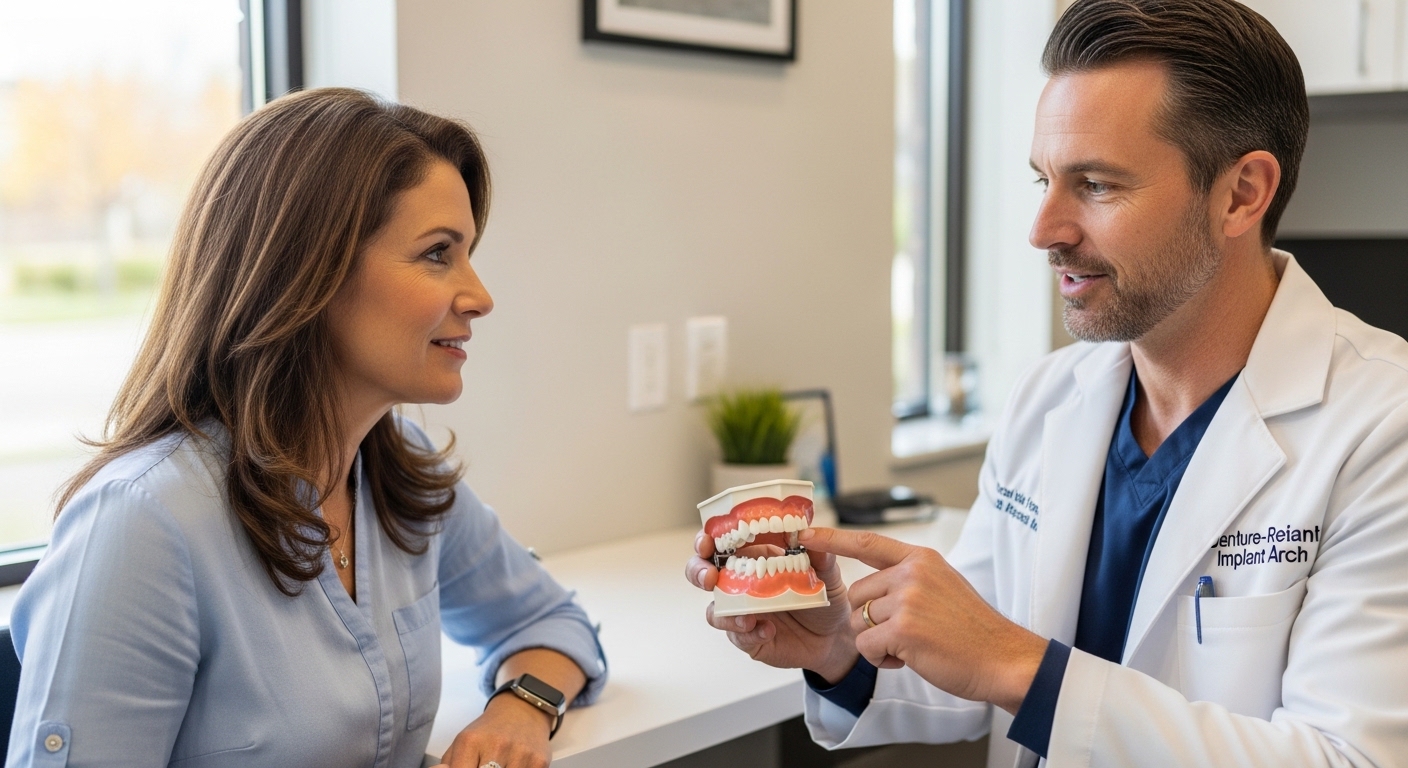Patient consultation about dental implants in a modern Meridian ID dental office