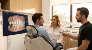 Patient and dentist discussing dental implants in a modern dental office