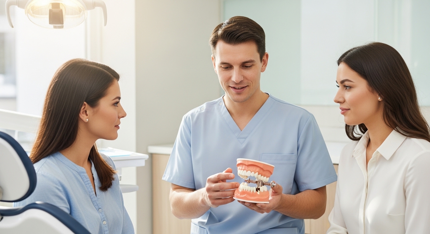 Patient and dentist in consultation about tooth replacement options