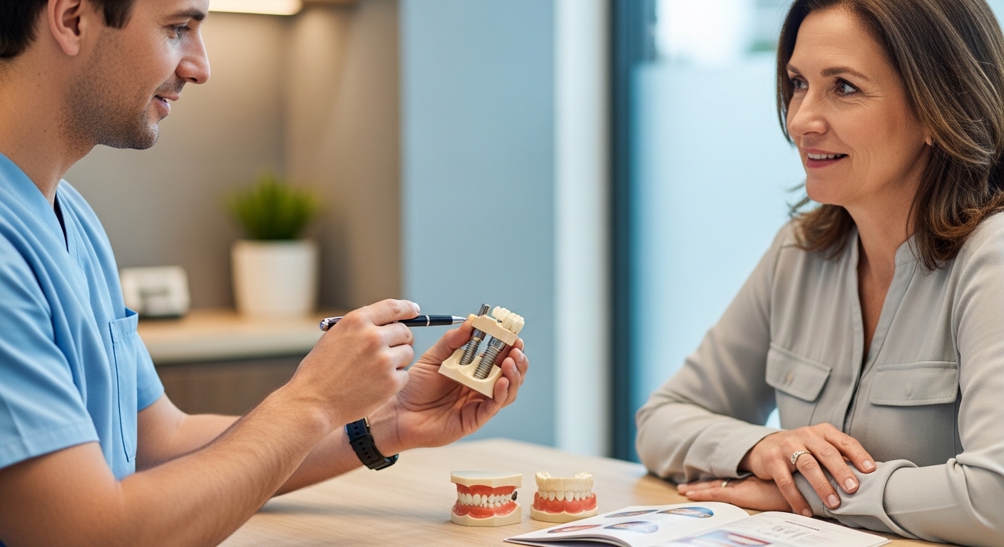 Dentist consulting patient about dental implant prevention plans