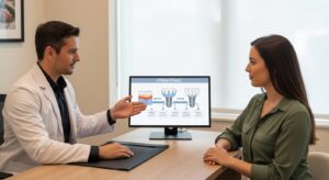 Dentist consulting with patient about dental implants in modern office