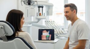 Patient consultation on dental implant technology in a modern dental office