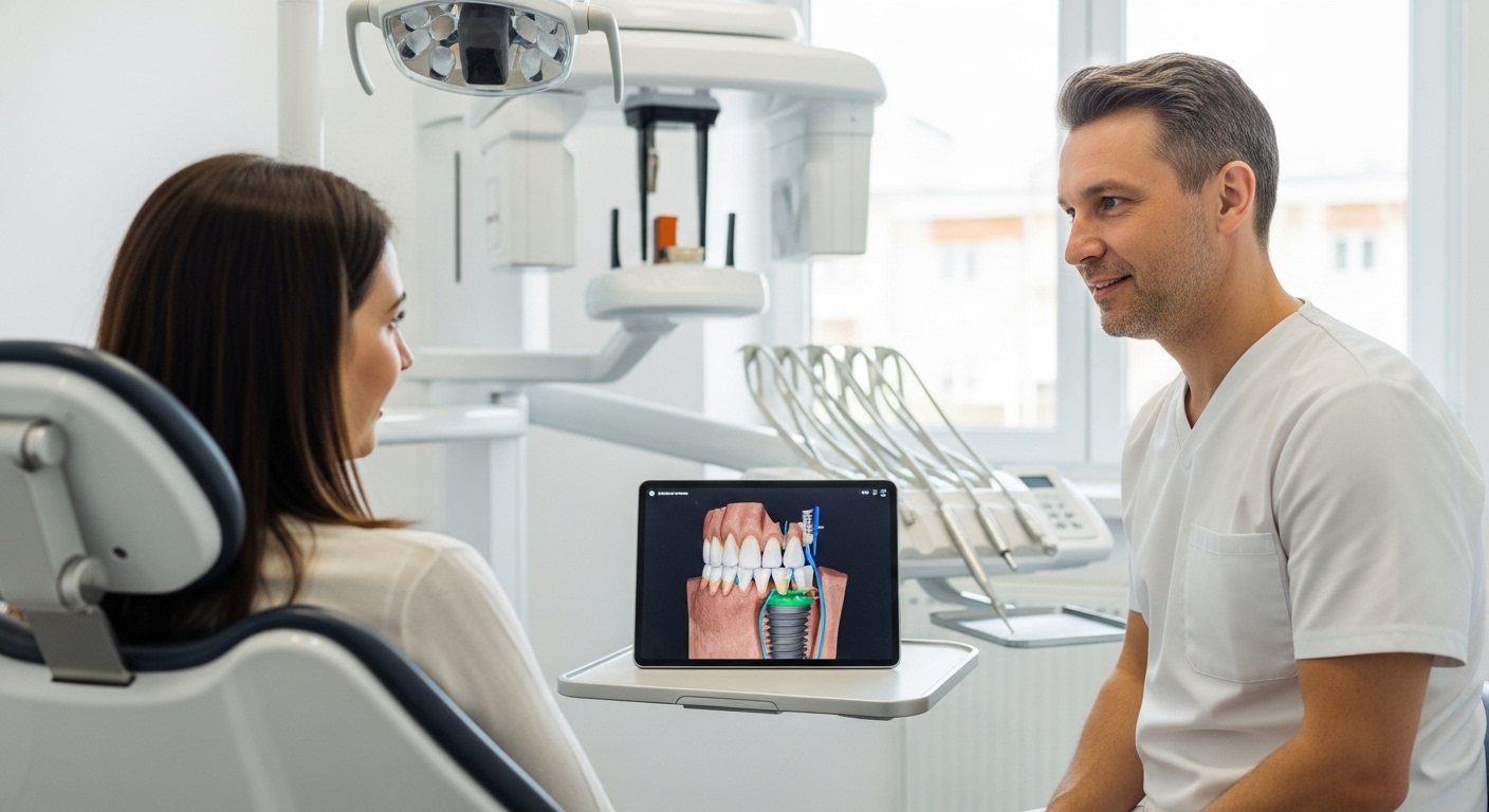 Patient consultation on dental implant technology in a modern dental office