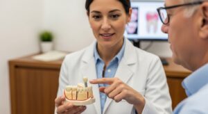Implantologist consulting with a patient in a modern dental office