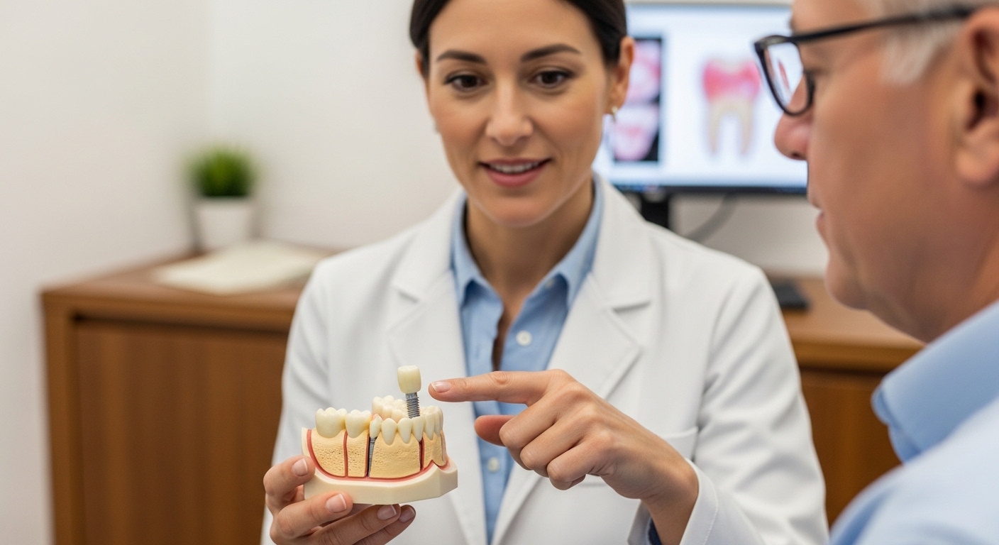 Implantologist consulting with a patient in a modern dental office