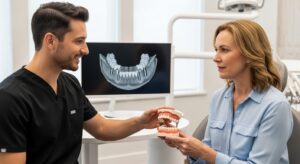 Dentist explaining full fixed arch implant procedure to a patient