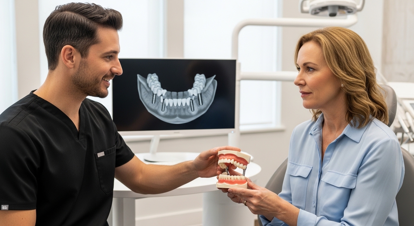 Dentist explaining full fixed arch implant procedure to a patient