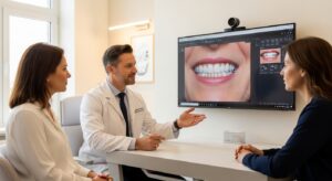 Dentist explaining full-mouth implants to a patient using digital tools.