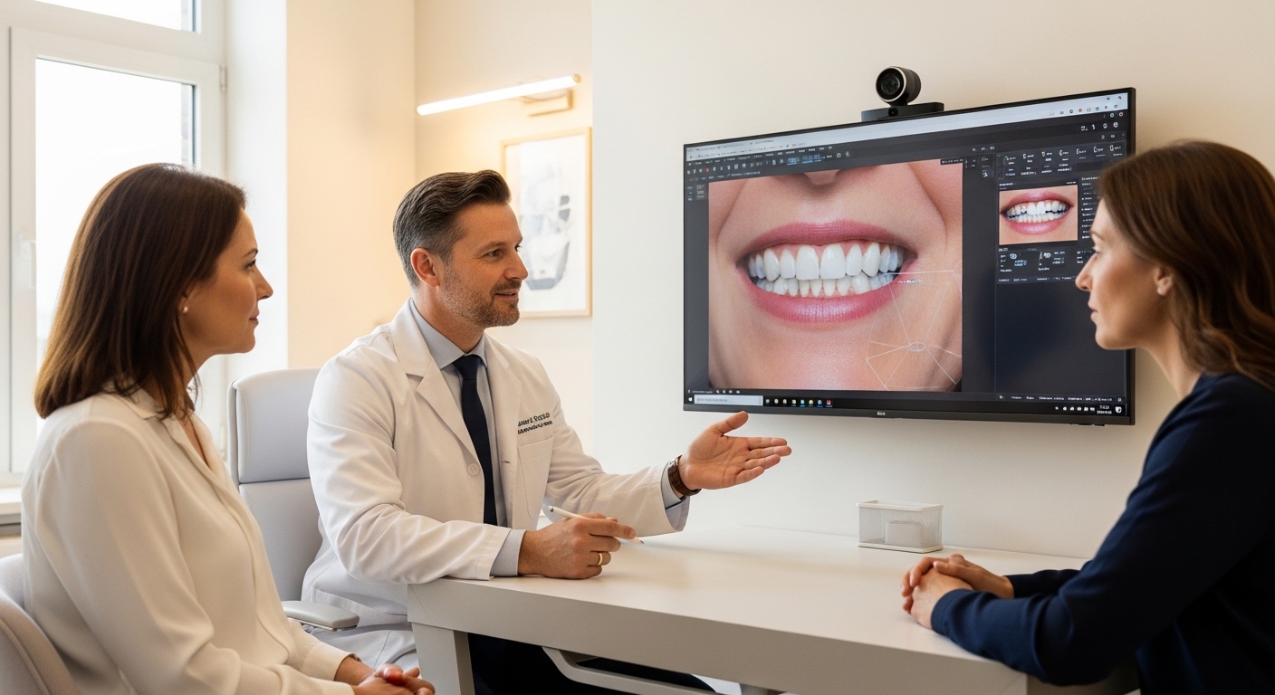 Dentist explaining full-mouth implants to a patient using digital tools.
