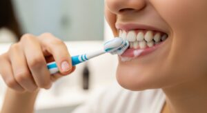 Dentist consulting with a patient about dental implants in a modern clinic