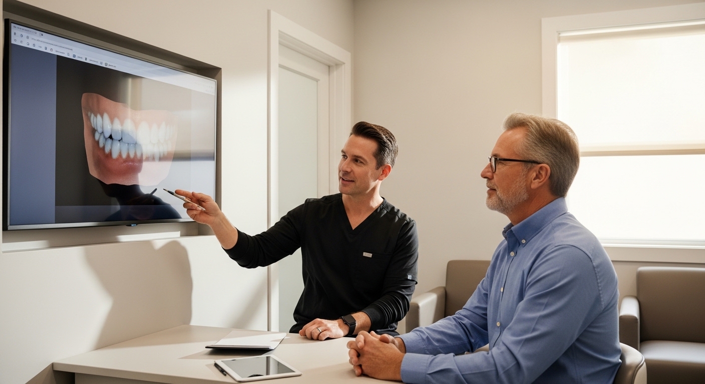 Dental consultation about implant financing in a modern office