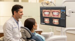 Dentist and patient discussing dental implant options in a modern office