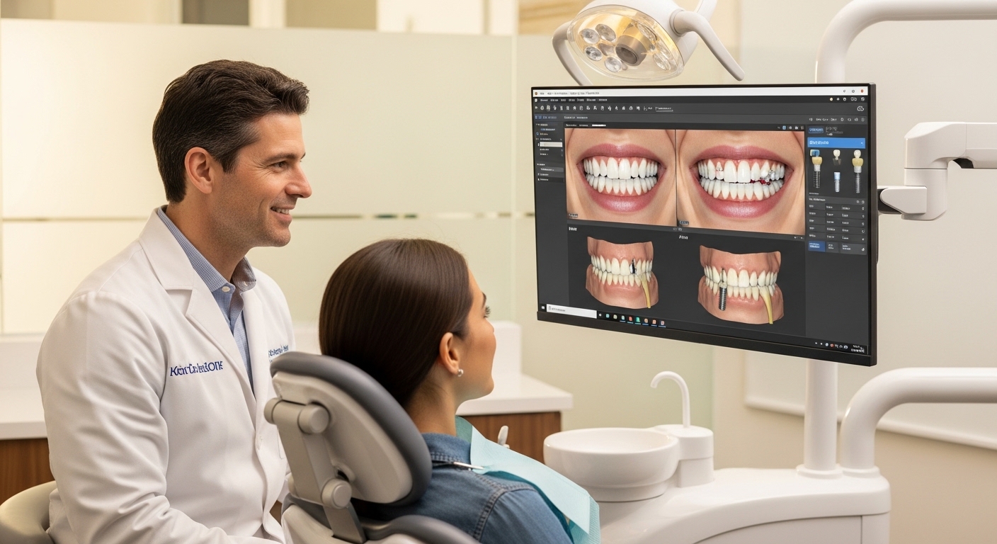 Dentist and patient discussing dental implant options in a modern office