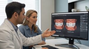 Dental consultation showing tooth shape options on screen