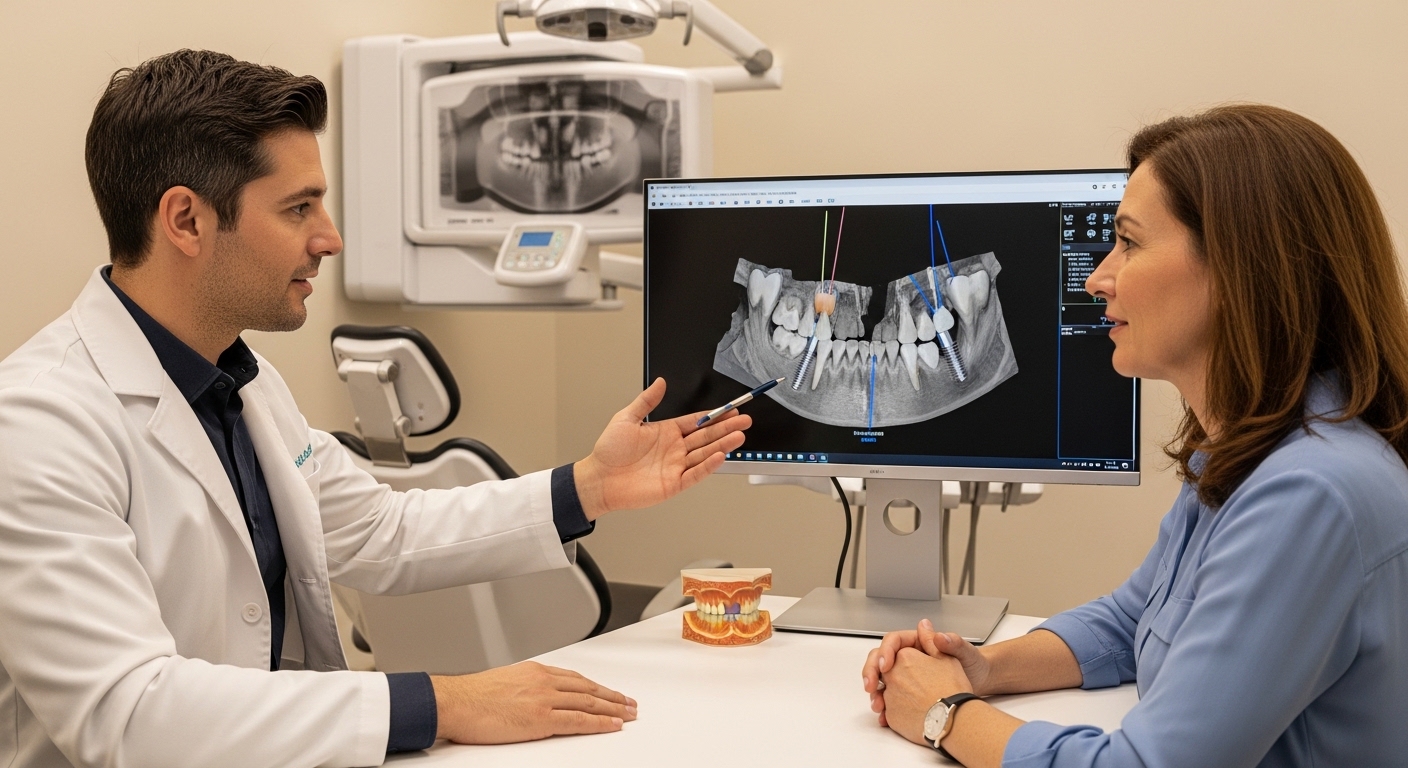Dentist consulting with a patient about dental implants in a modern clinic