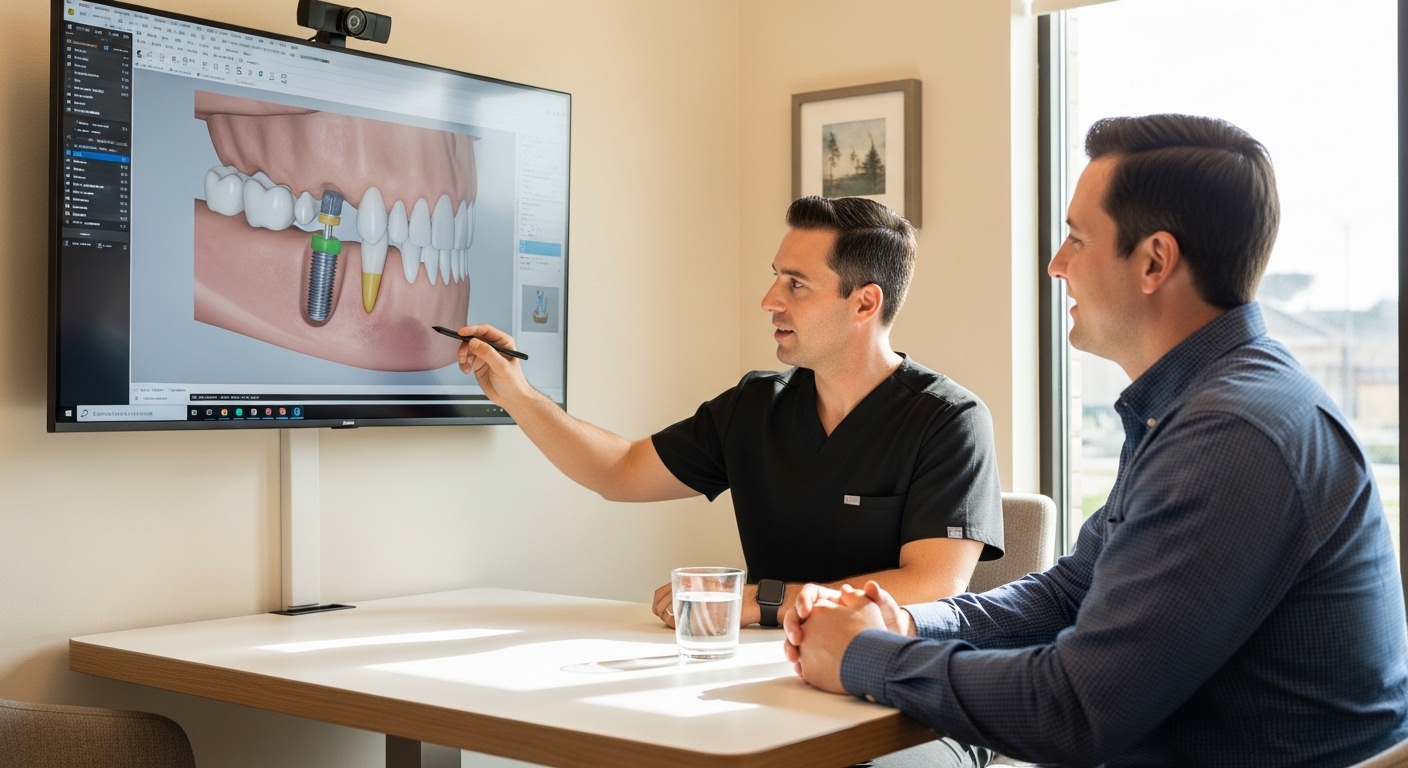 Dentist and patient reviewing digital smile design in a modern dental office