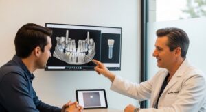 A patient consulting with a dental professional about dental implants in a modern office