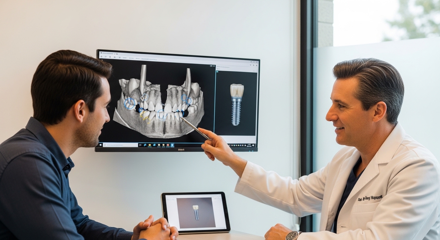 A patient consulting with a dental professional about dental implants in a modern office
